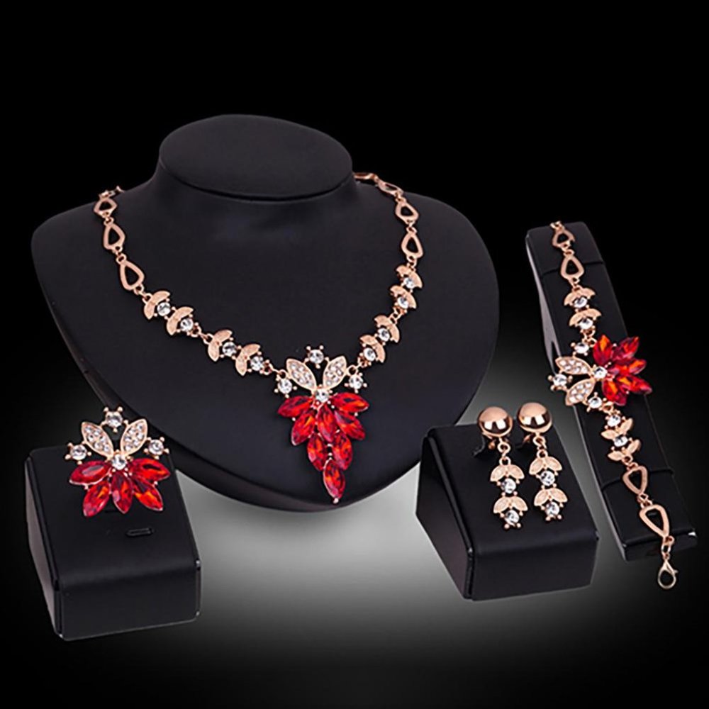 4Pcs Women's Flower Design Durable Necklace Earrings Bracelet Ring Jewelry Set